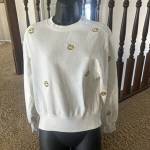 Reflex Sweatshirt Small White Ivory Embroidered Smiley Crew Neck Sweater Womens